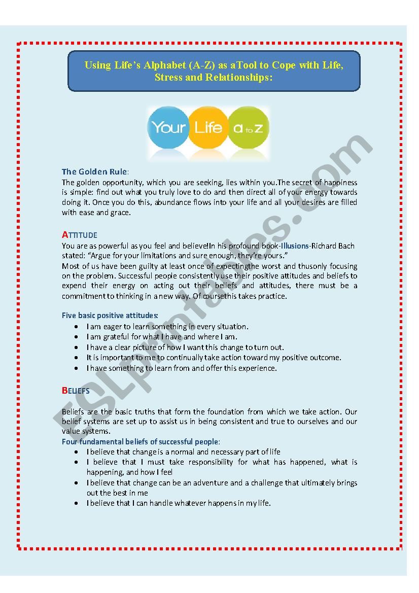 LifeÂ´s Alphabet (A-Z) to help you Cope with Life, Stress & Relationships