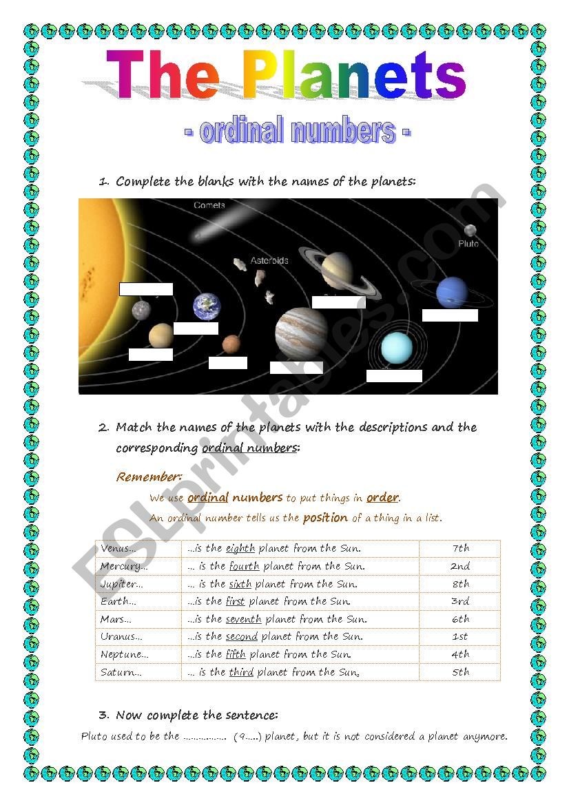 The Planets - ordinal numbers worksheet