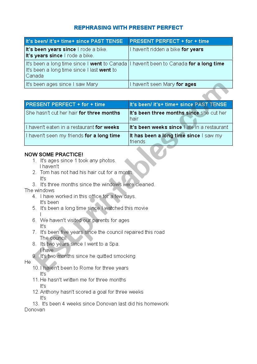 rephrasing present perfect worksheet