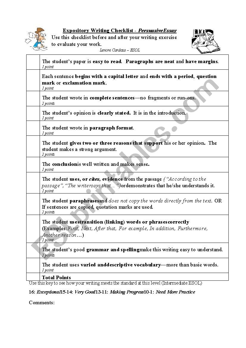 Writing Checklist / Rubric, Persuasive Paragraph or Essay