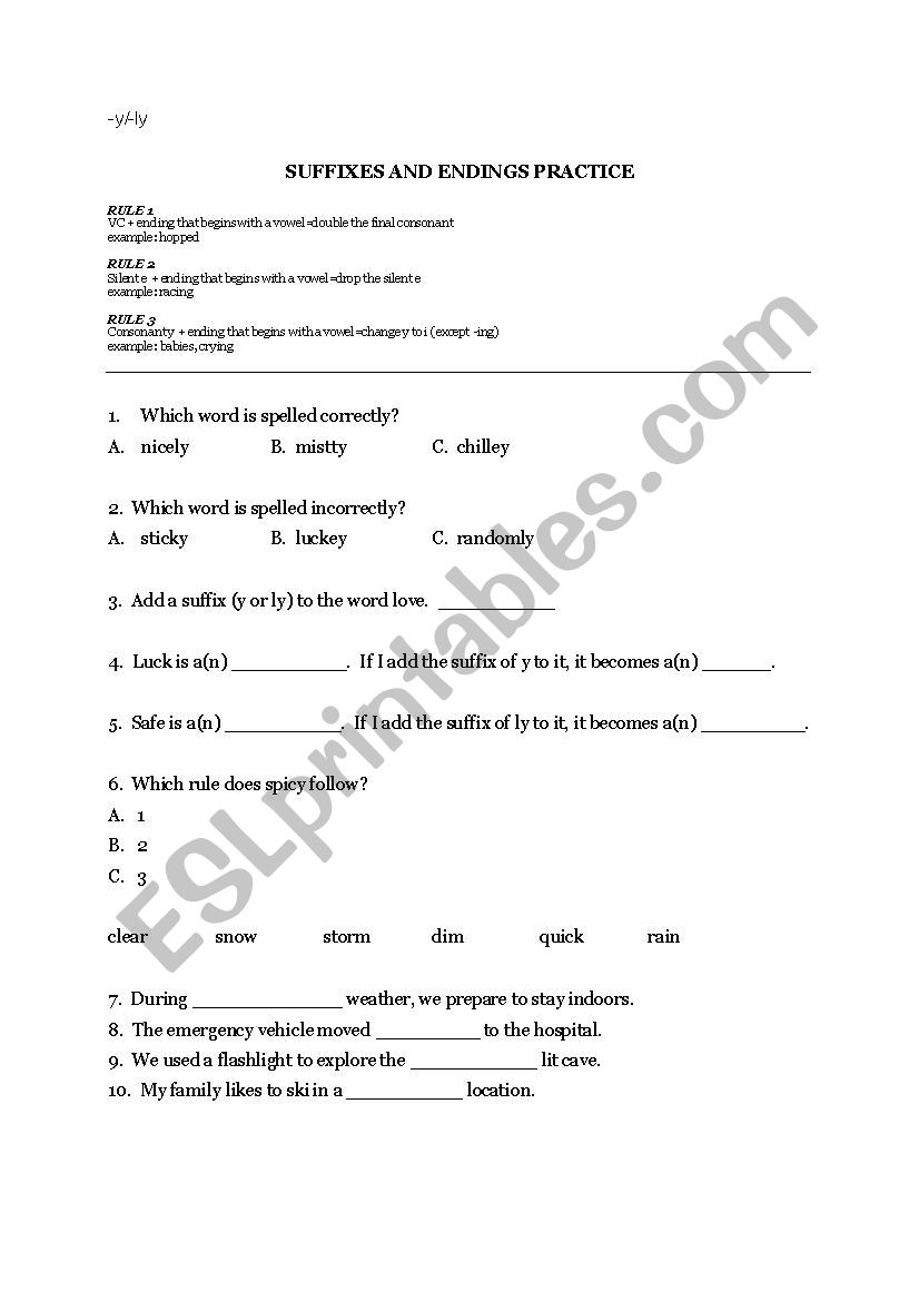 Suffixes: l and ly worksheet