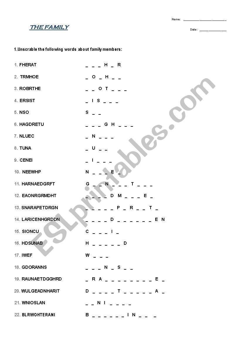 The family words unscrable worksheet
