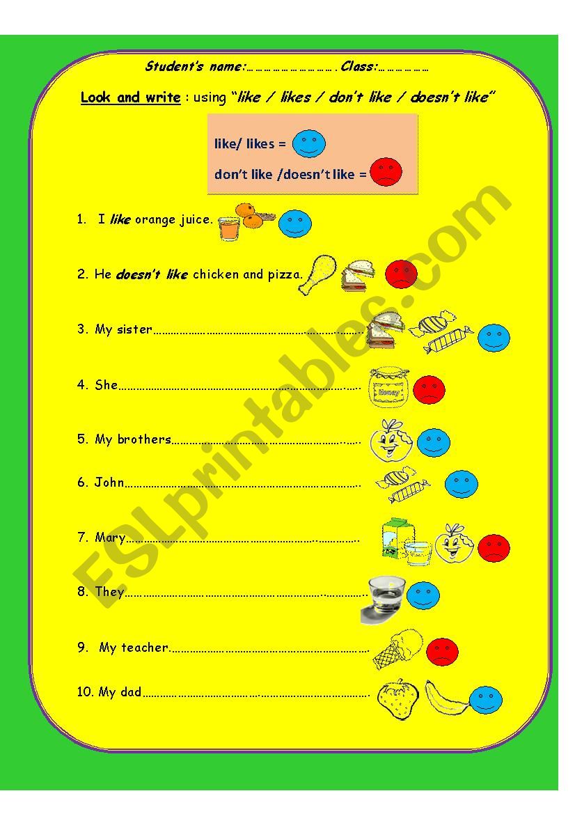 write sentences using like/likes/dont like/ doesnt like