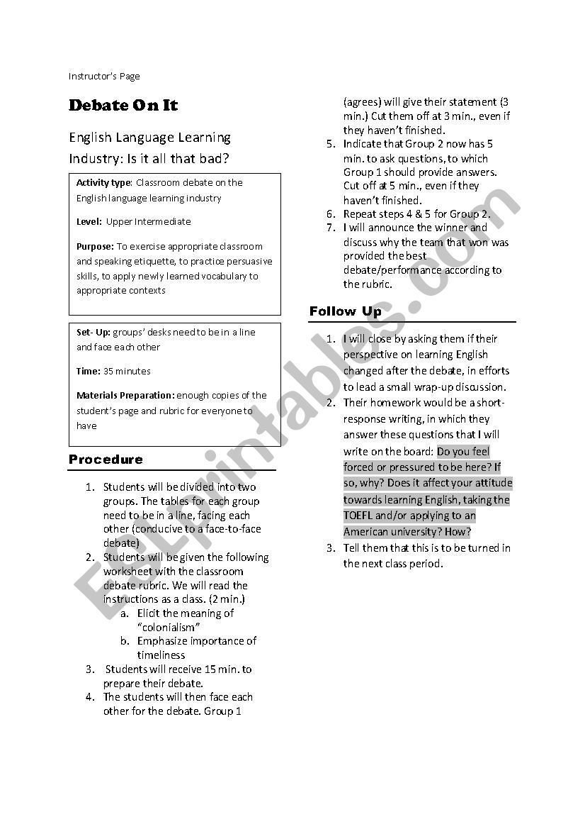 Debate On It worksheet