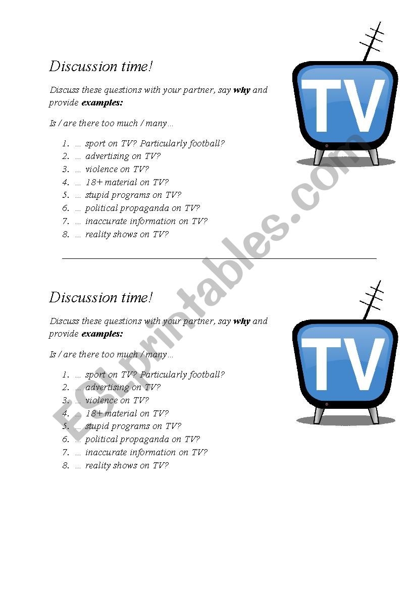 Discussion (too much on TV) worksheet