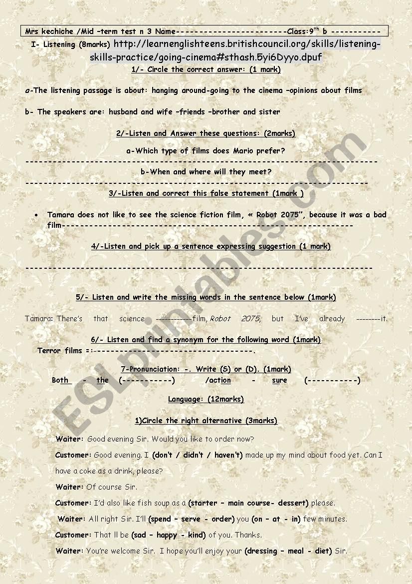 9th /Mid term test n 3 (2016) Listening link and transcript included