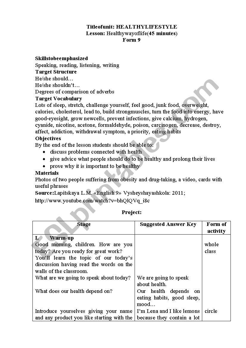 Healthy Way of Life worksheet