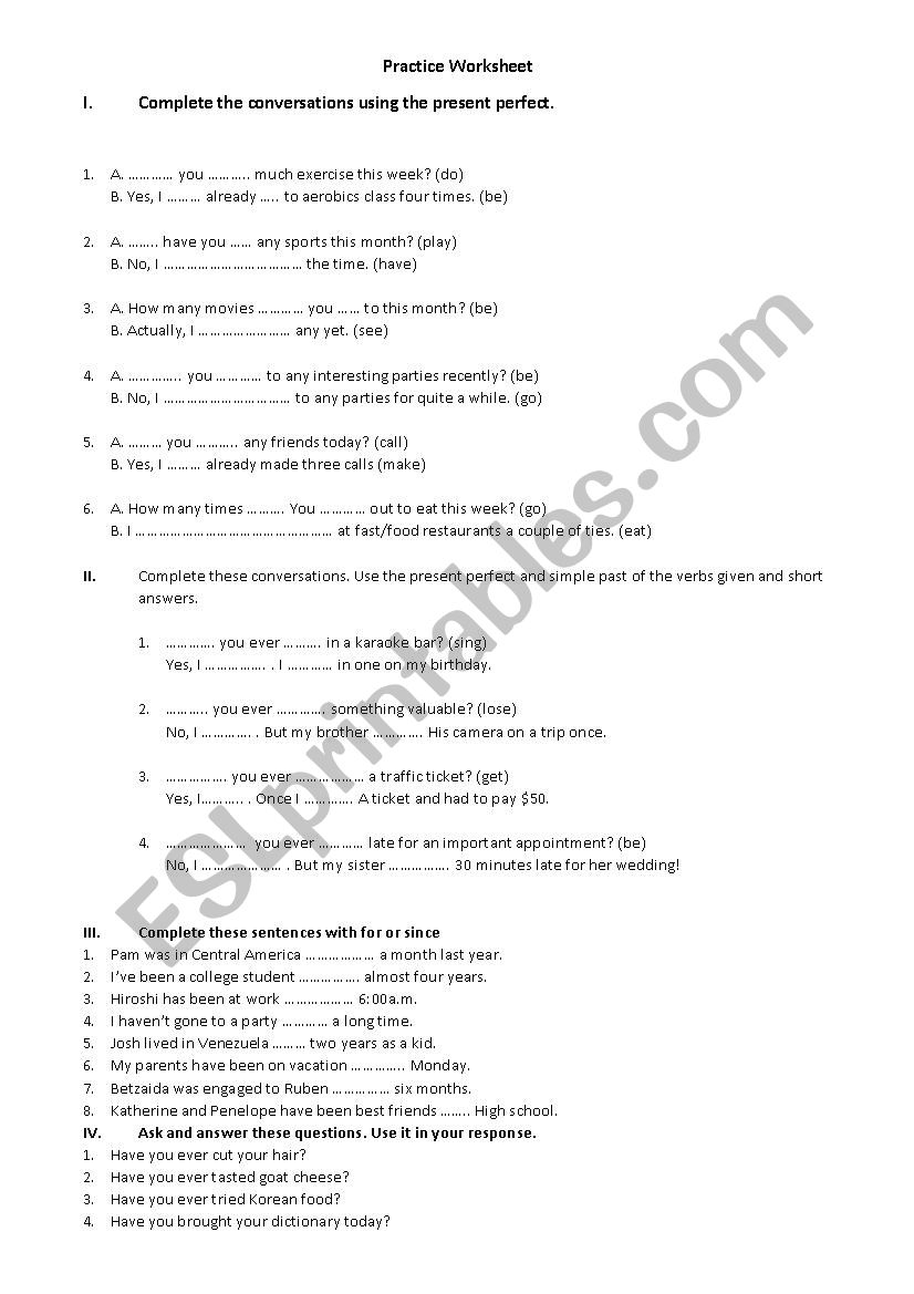 present perfect practice worksheet