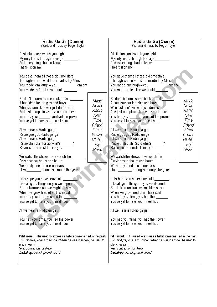 Radio Ga Ga  filling blanks worksheet
