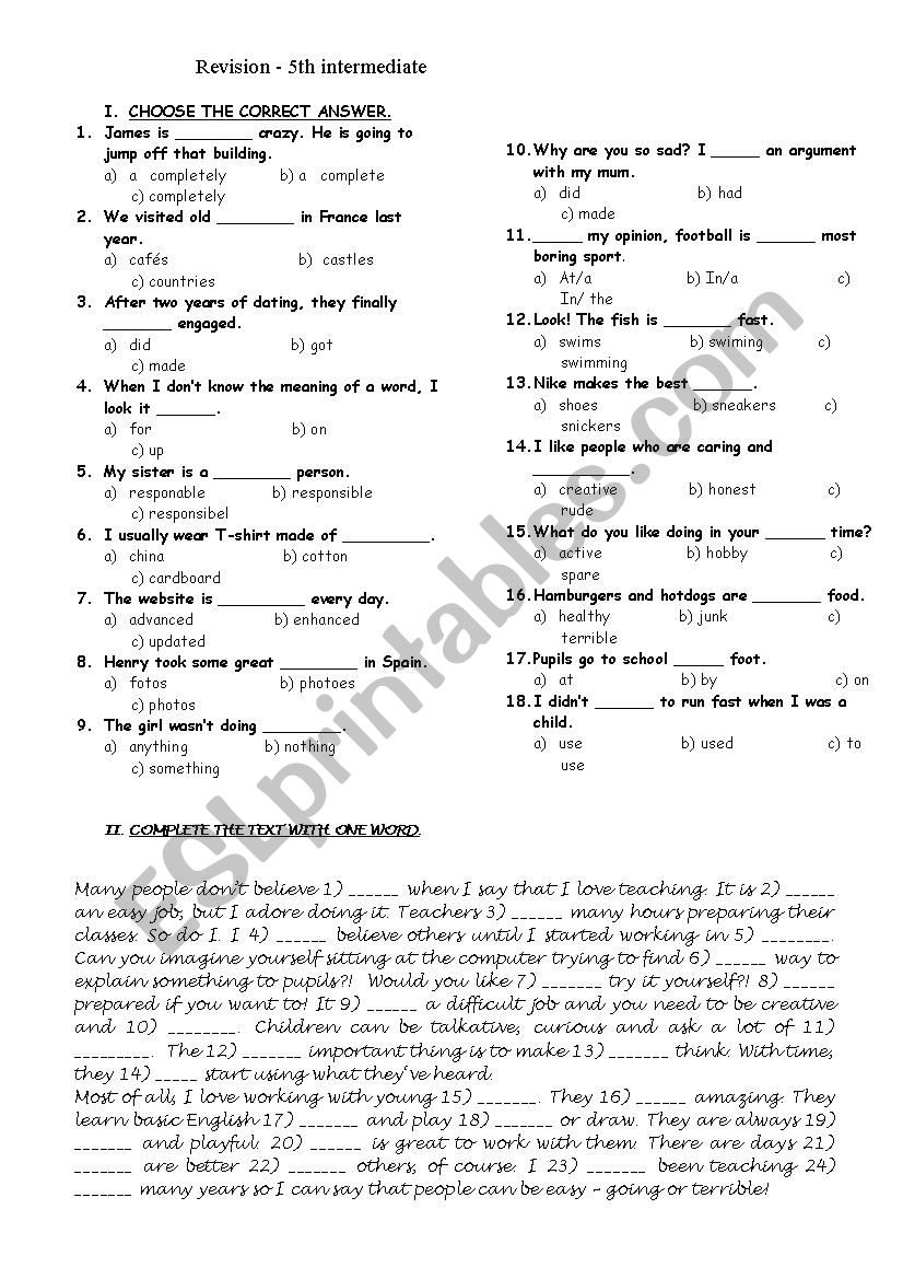 Intermediate revision worksheet