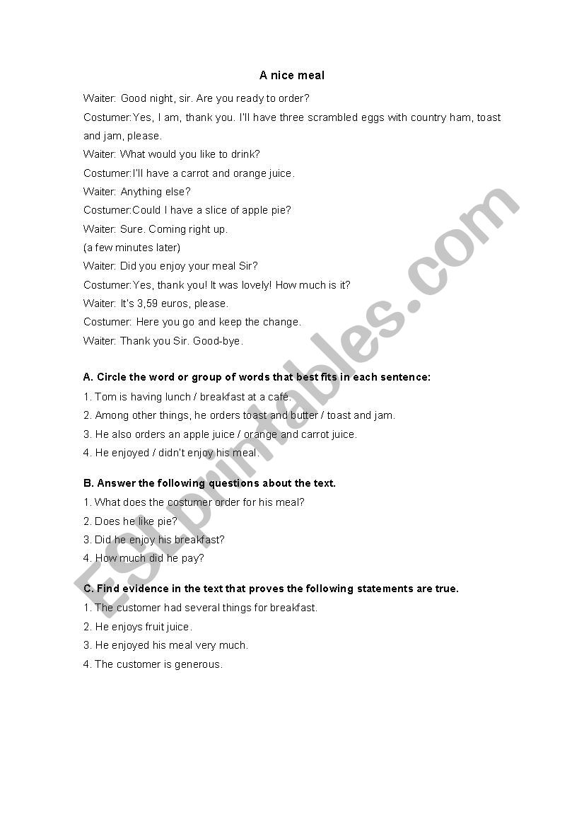 A nice meal worksheet
