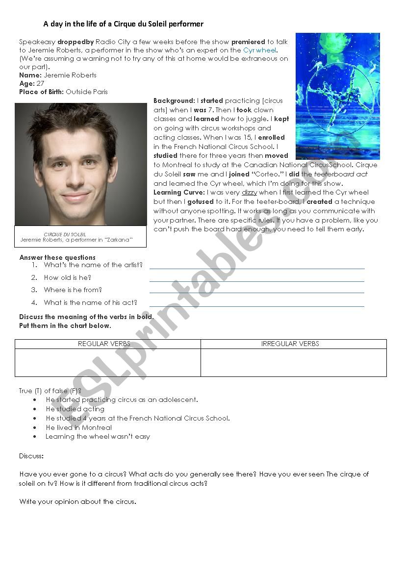 the cirque of soleil worksheet