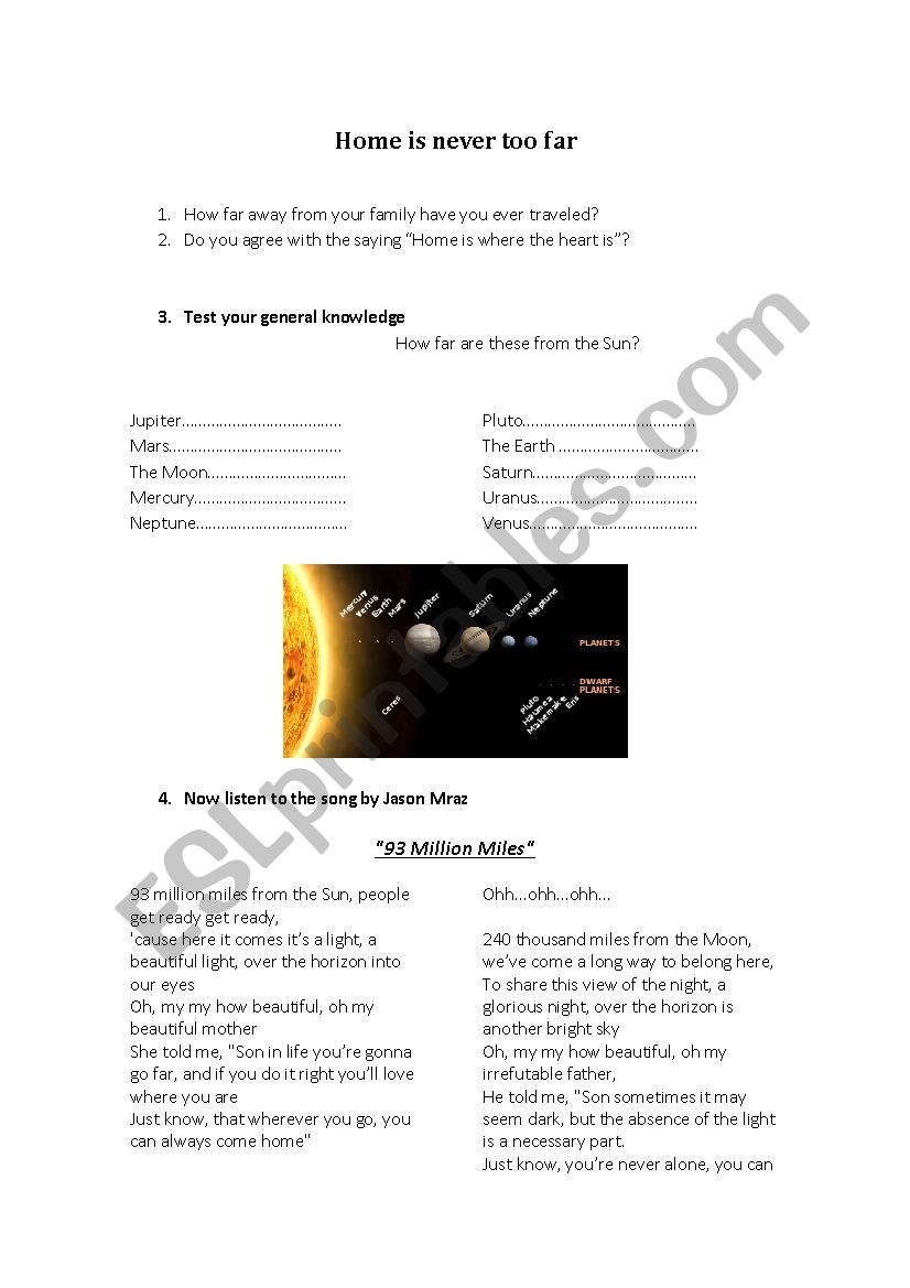 93 miles from the sun. worksheet