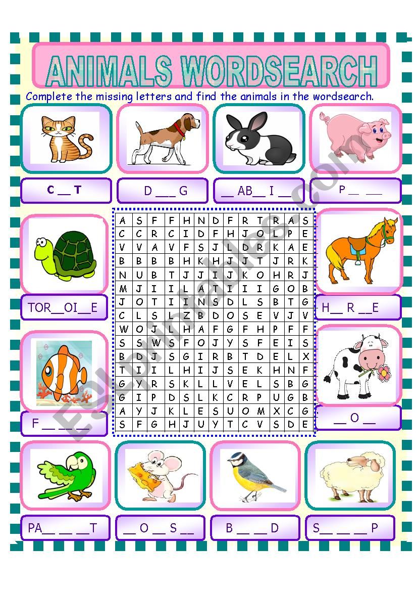 Animals wordsearch worksheet