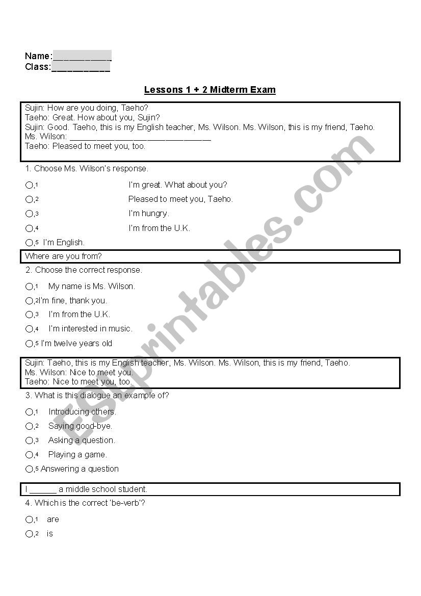 YBM Sisa Middle School Grade 1 Midterm Exam Multiple Choice