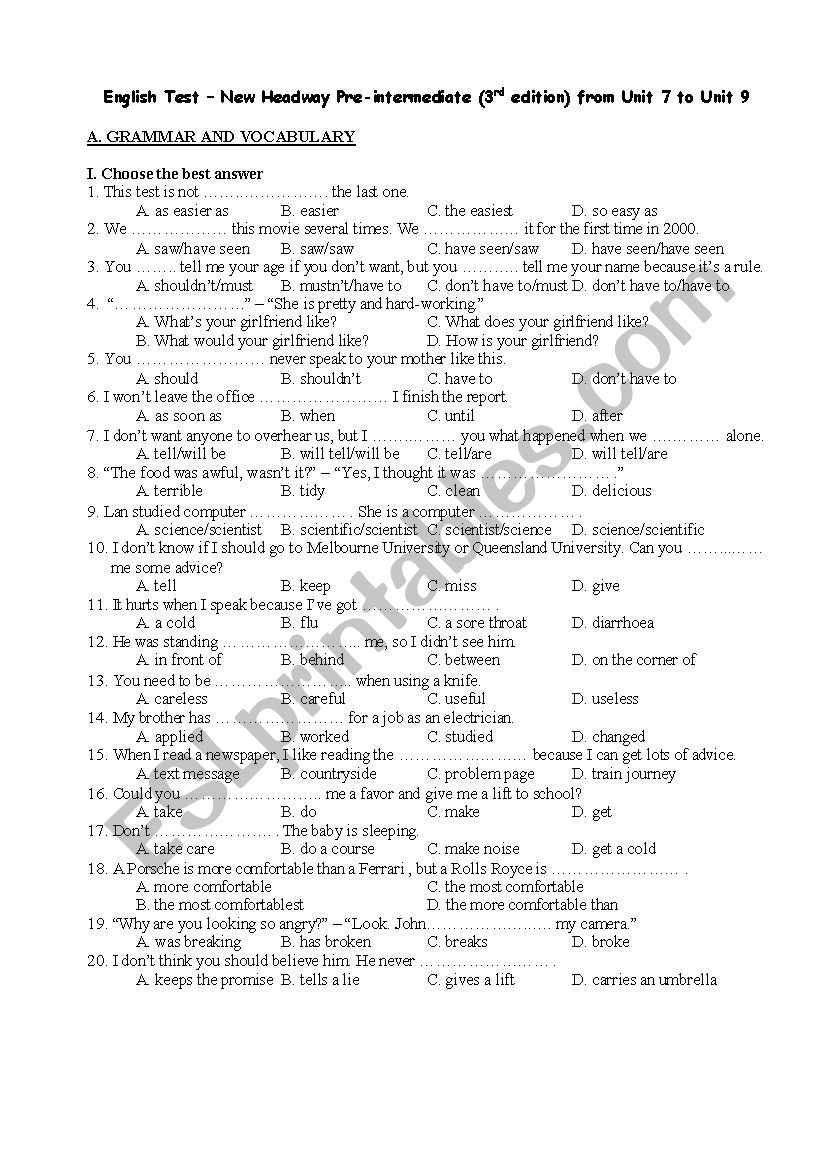 New Headway Test 2 worksheet