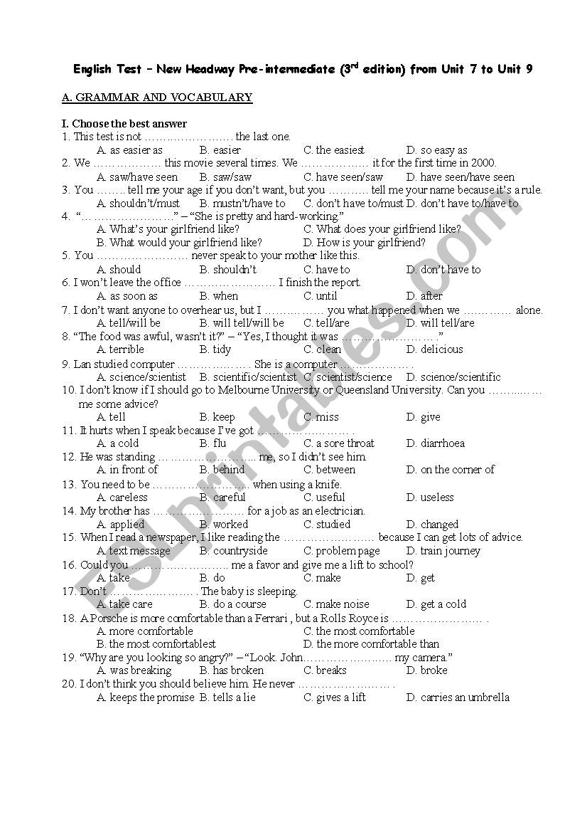 New Headway Test 2 worksheet