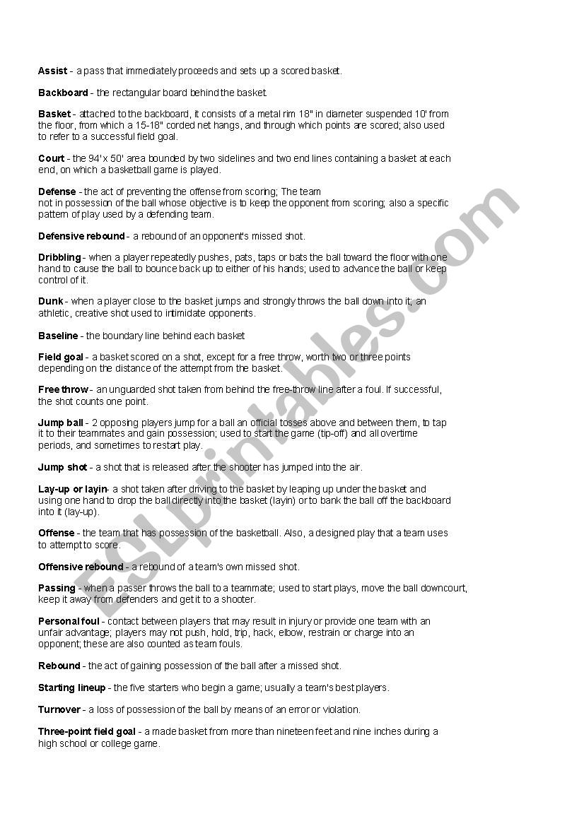 Basketball vocabulary worksheet