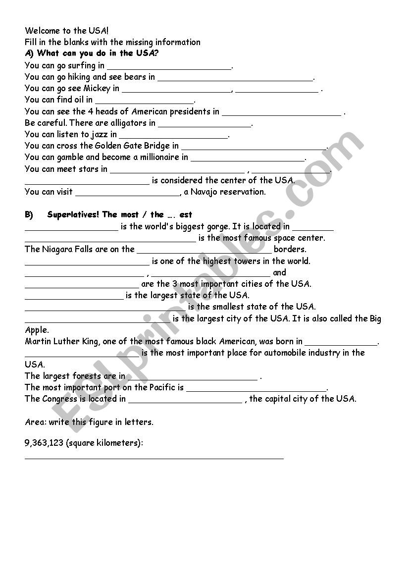 Welcome to the USA worksheet