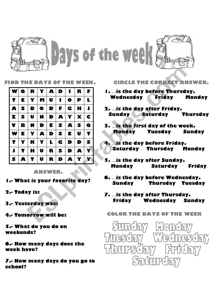 Days of the week worksheet