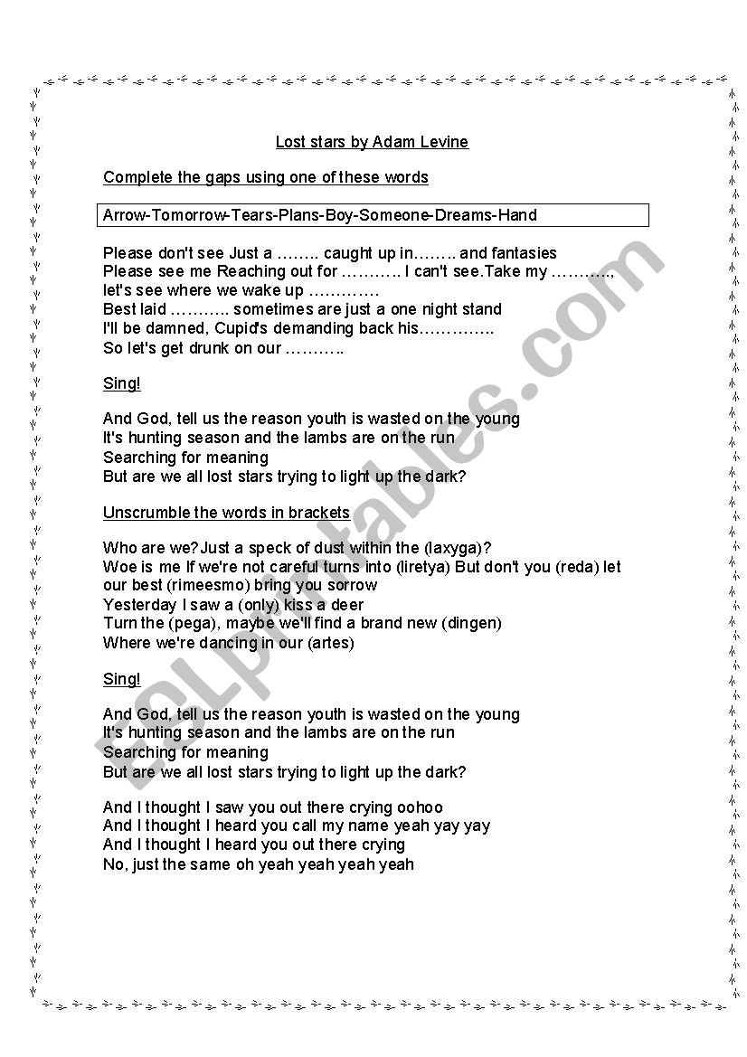 Lost stars by Adam Levine worksheet