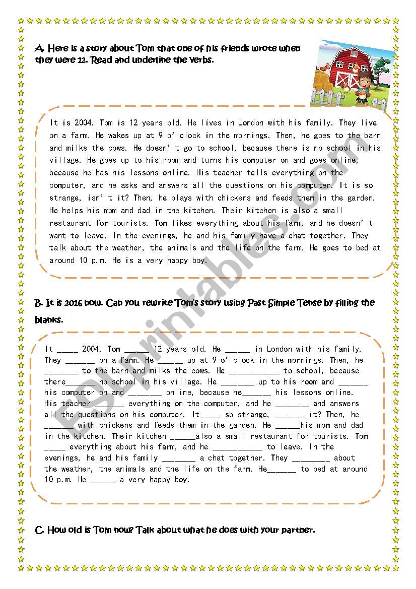 TomÂ´s Story worksheet