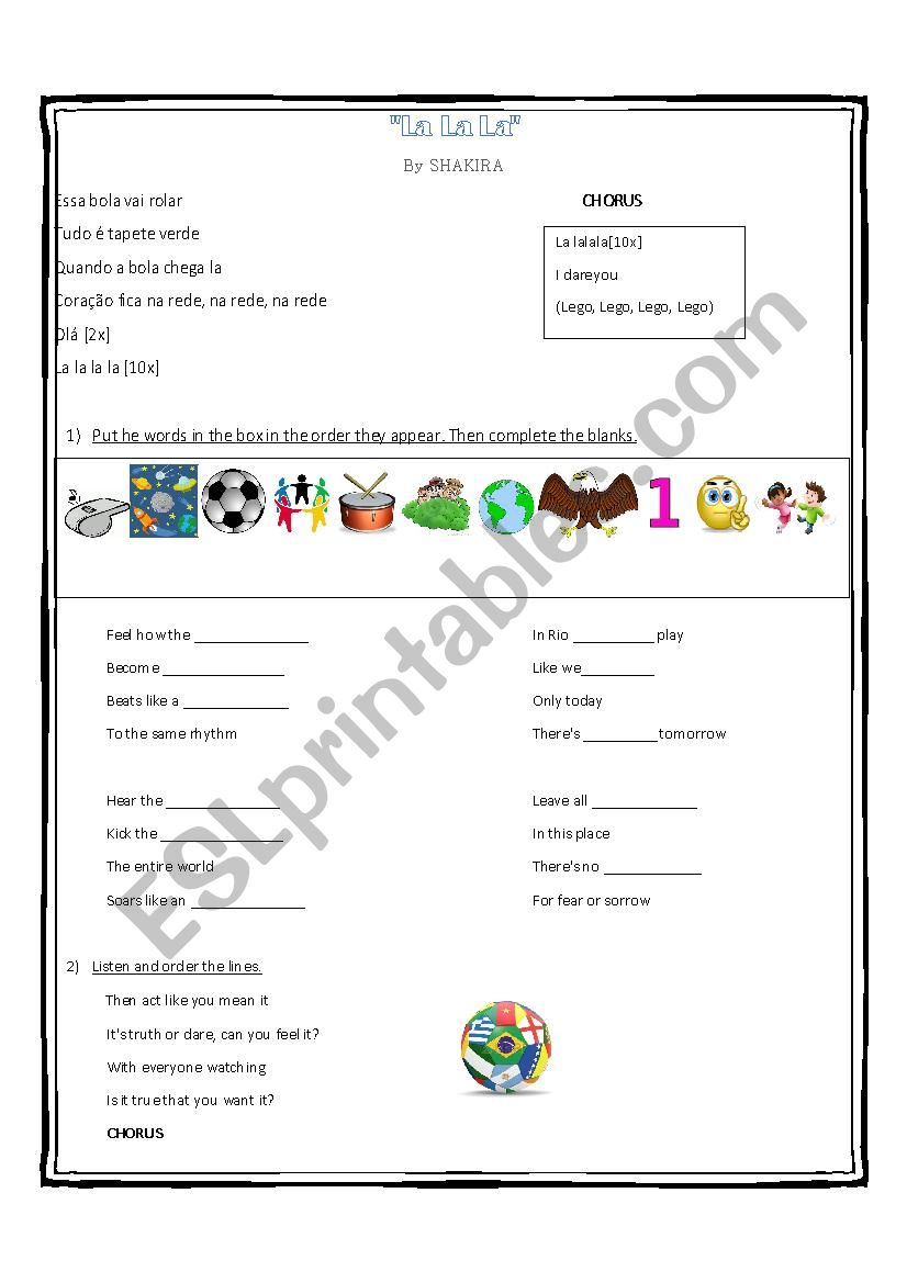 La la la song by Shakira worksheet