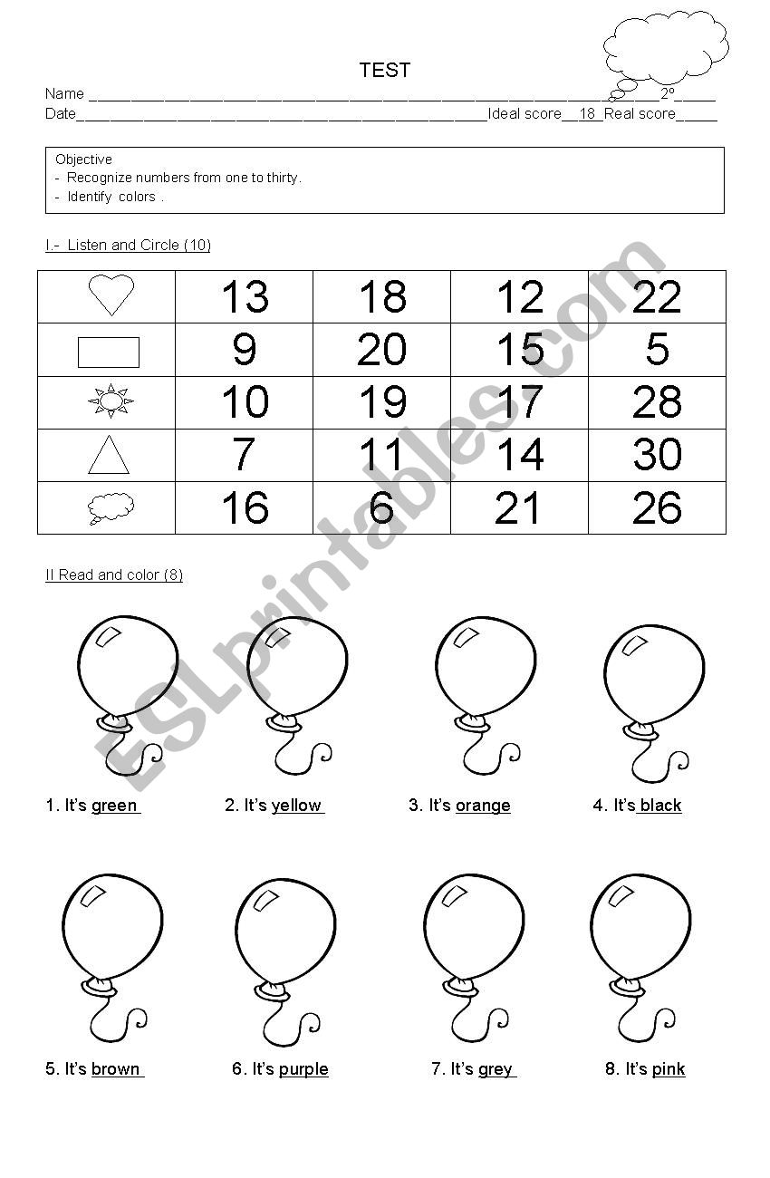 Color and Number test worksheet