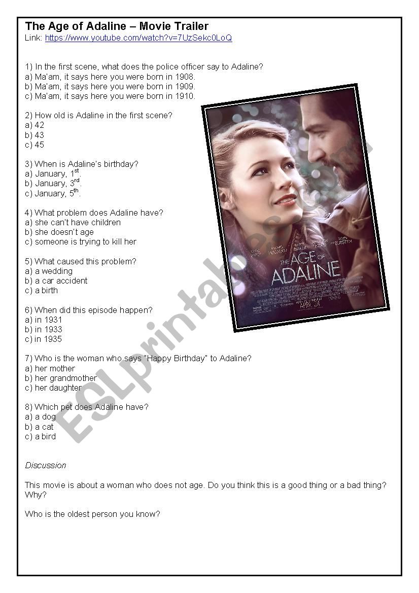 Movie Trailer Activity: The Age Of Adaline (2015)