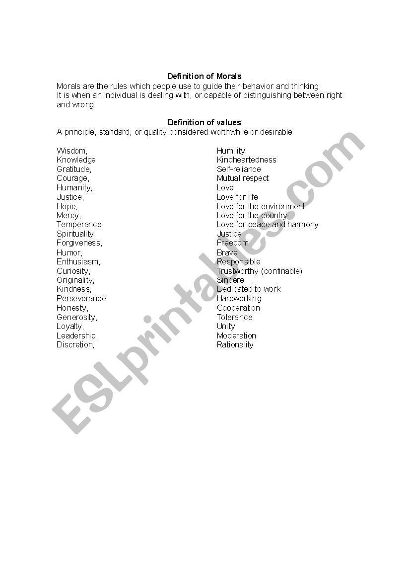 List of values and morals worksheet