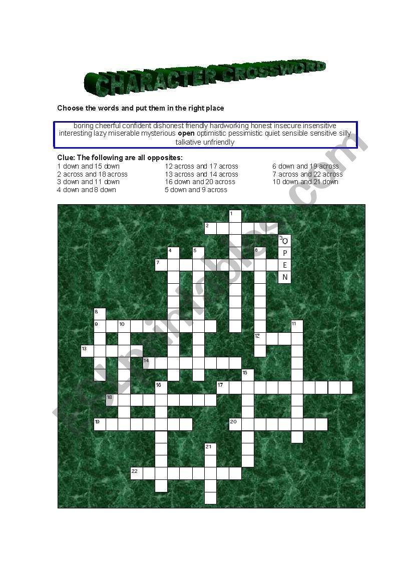 FEELINGS CROSSWORD worksheet