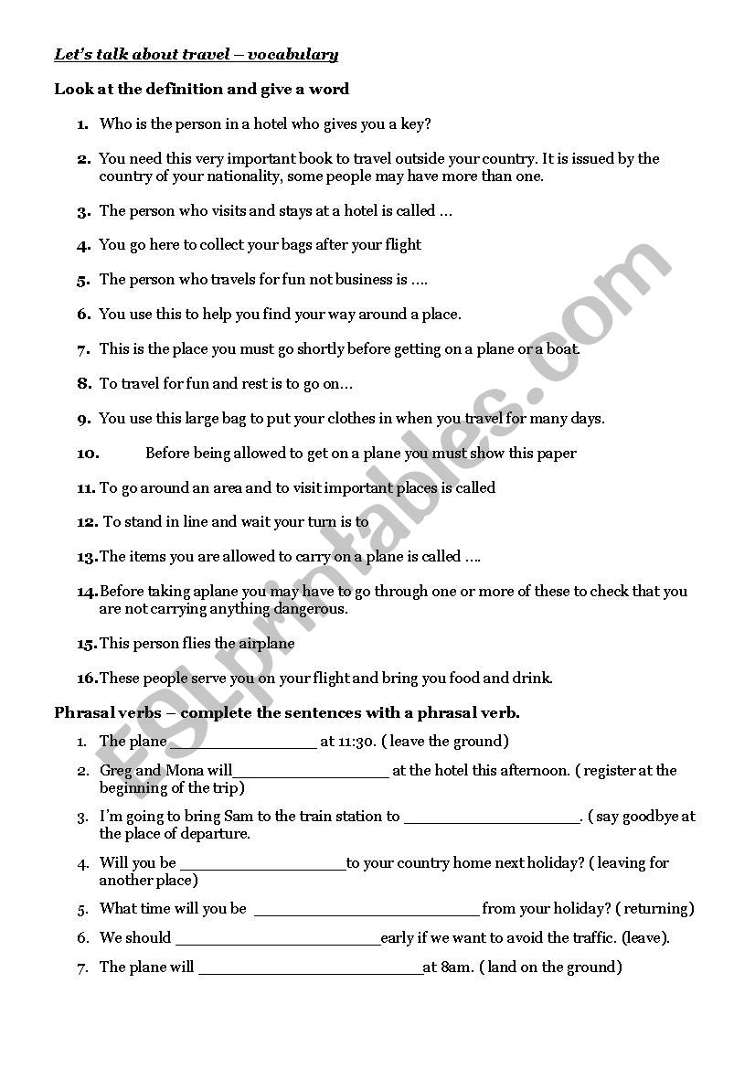 travel vocabulary worksheet