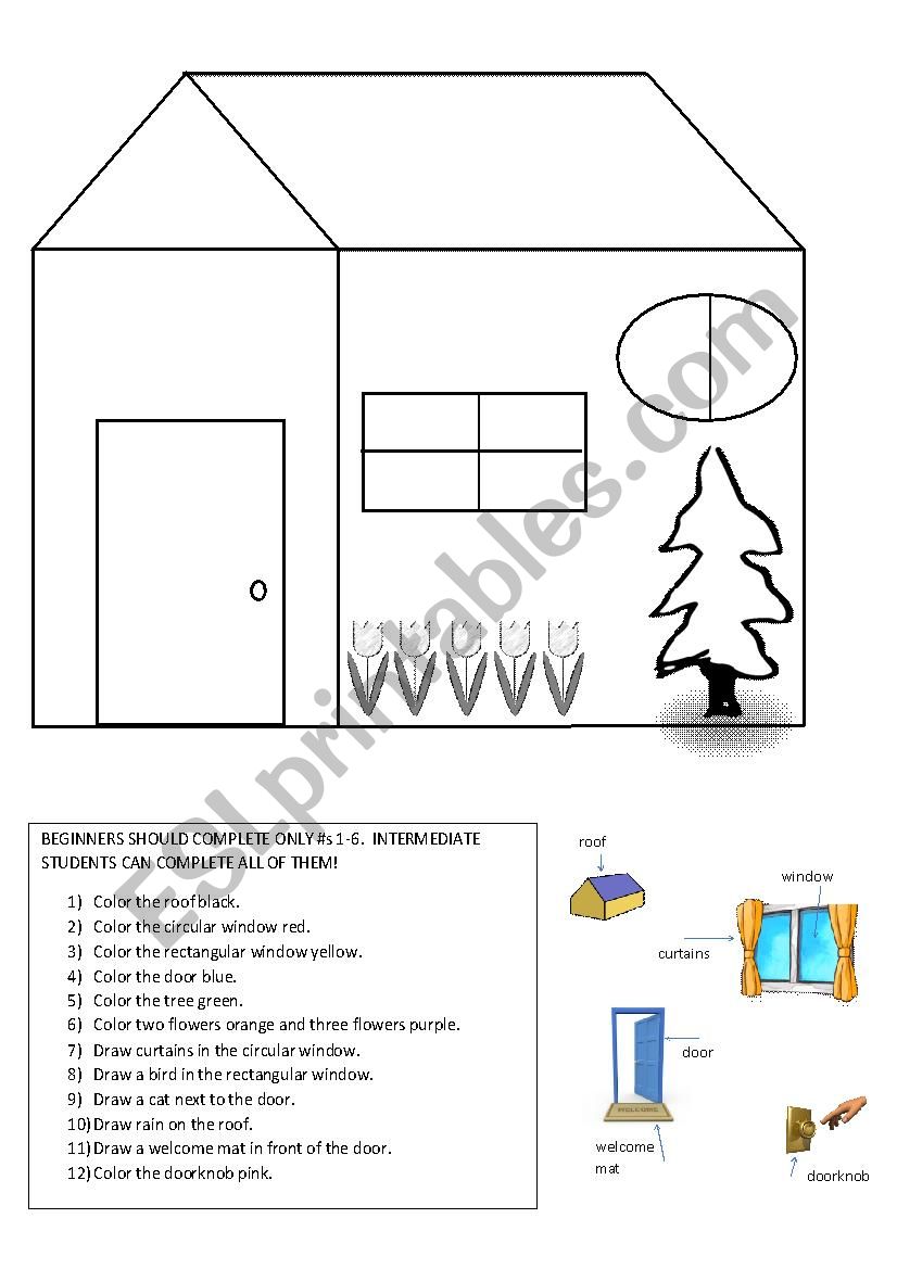 Simple house color-coding--shapes, colors & vocabulary