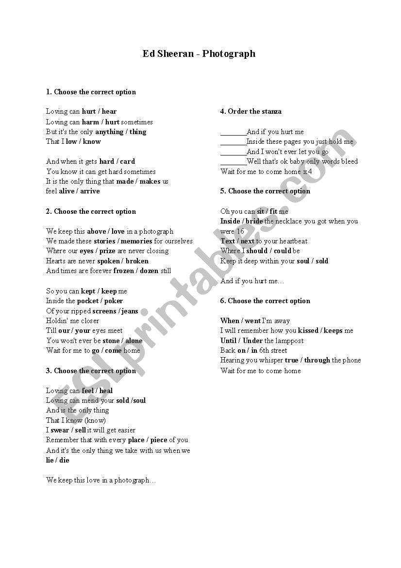 Ed Sheeran - Photograph song worksheet