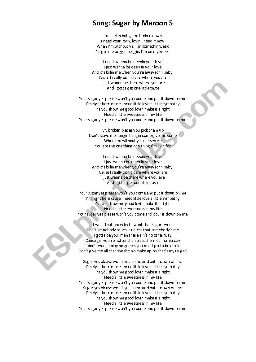 Song Sugar - Maroon 5 worksheet