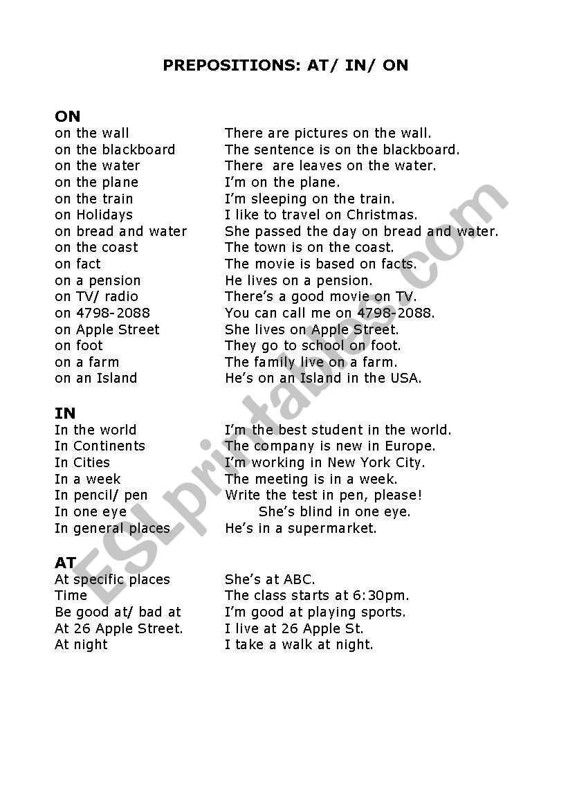 Prepositions Guide worksheet