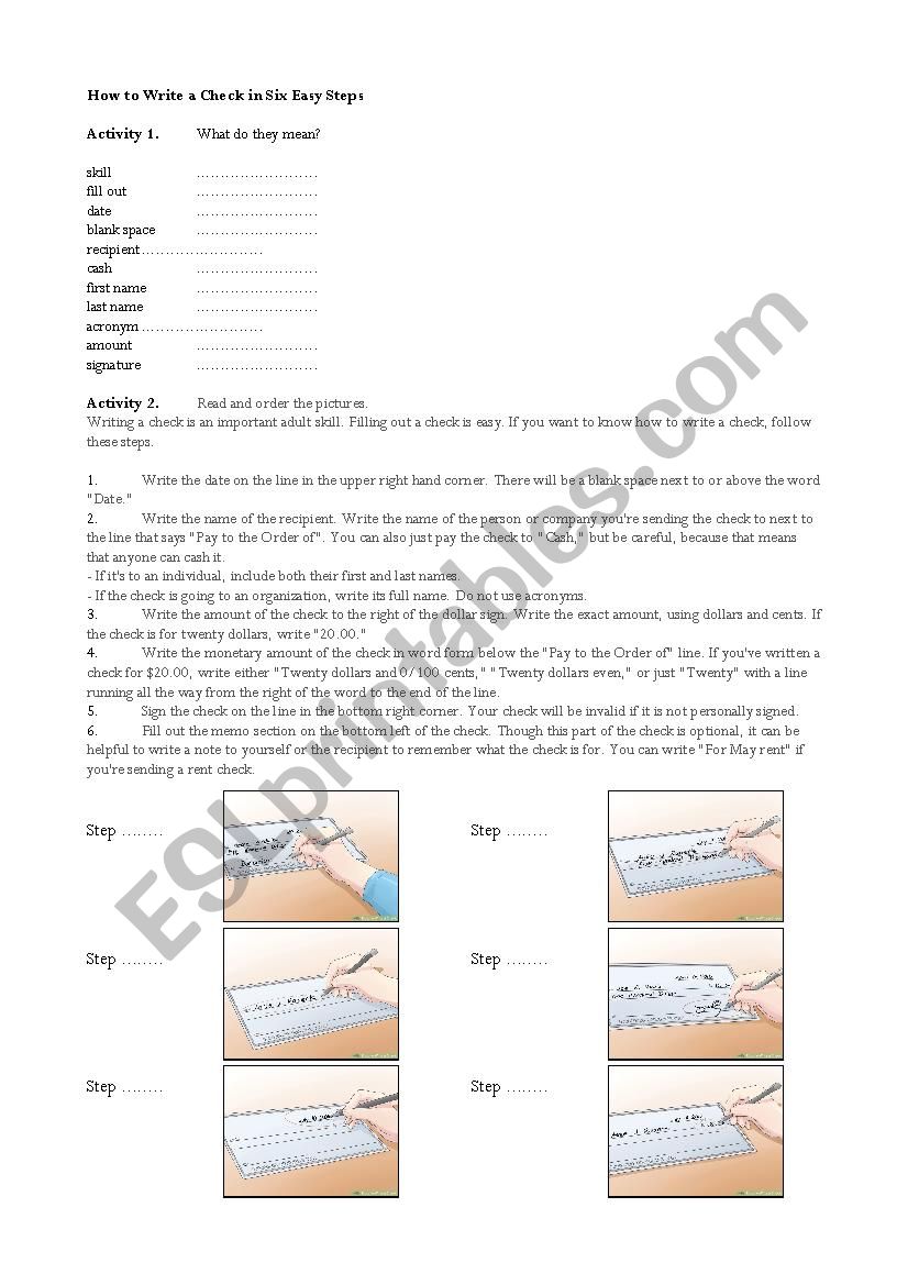 How to write a check - ESL worksheet by rjv24