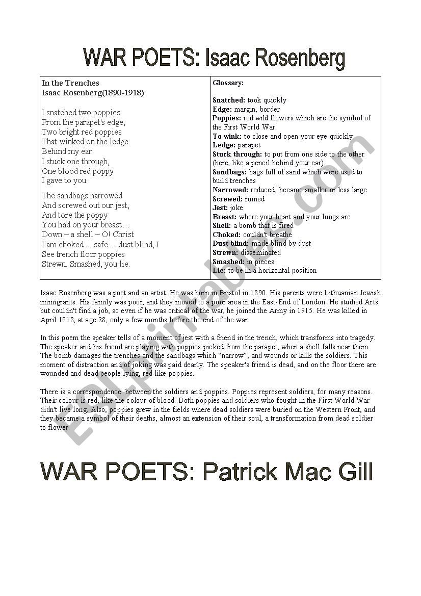 War Poets worksheet