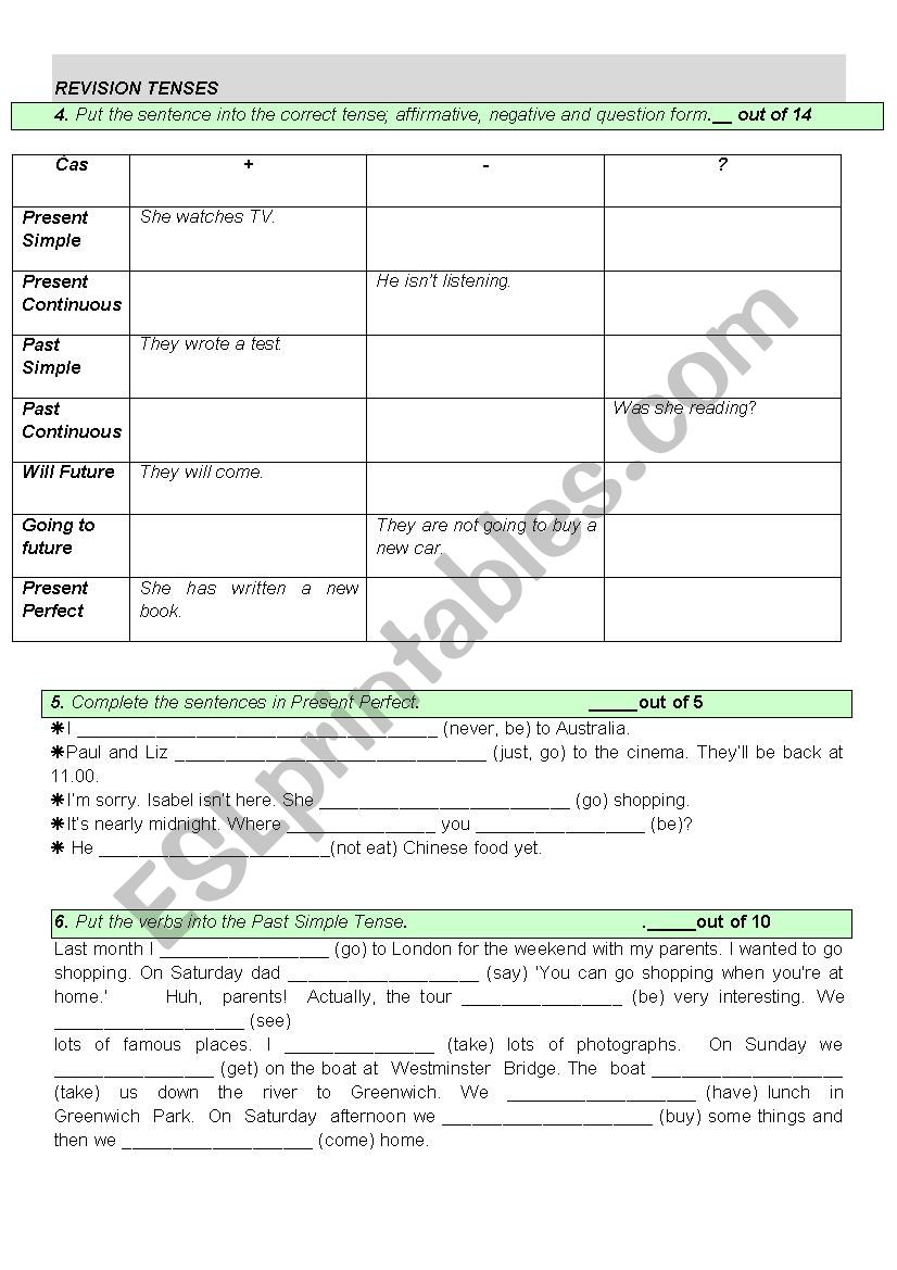 TENSE REVISION worksheet