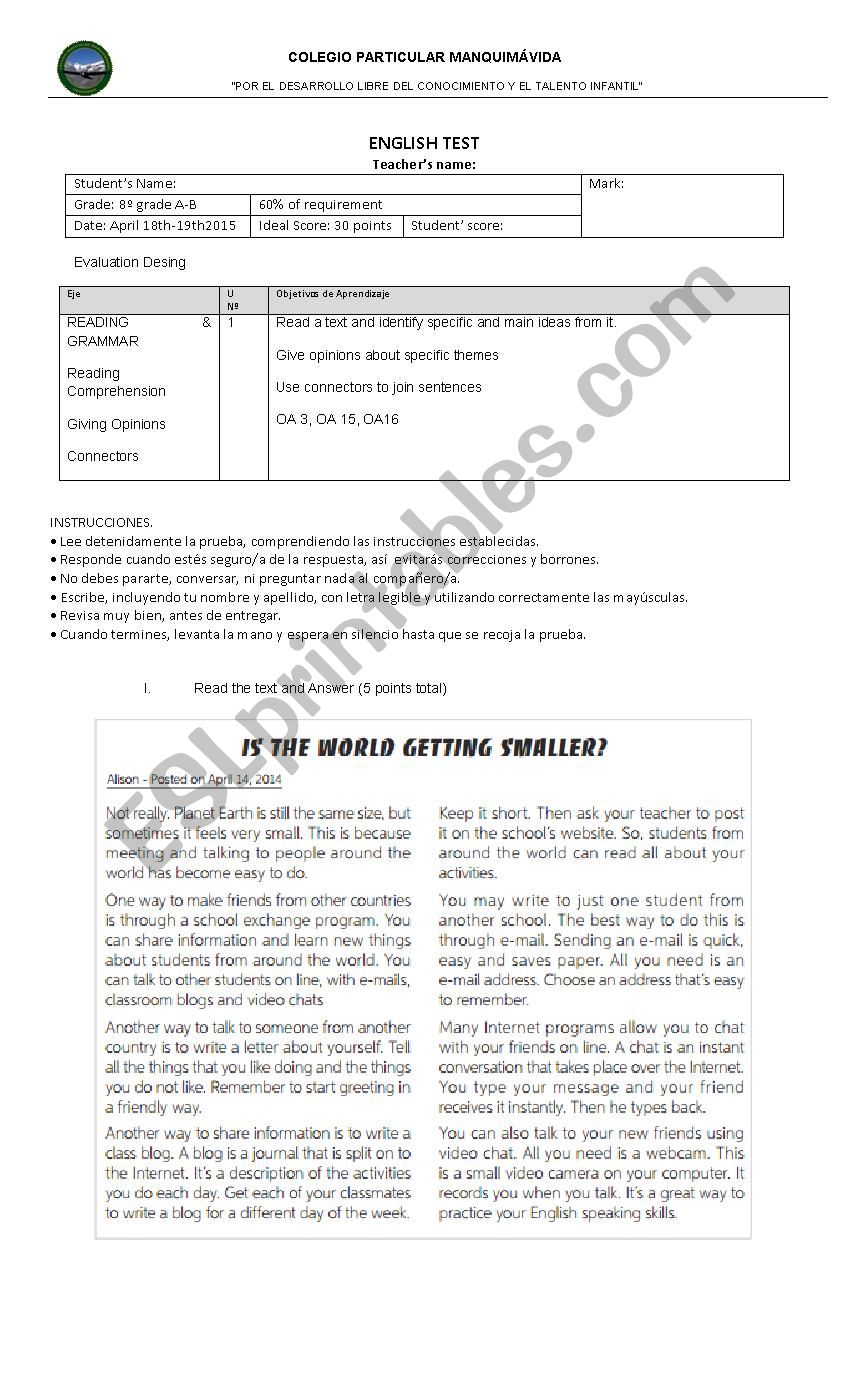 test 8º grade worksheet
