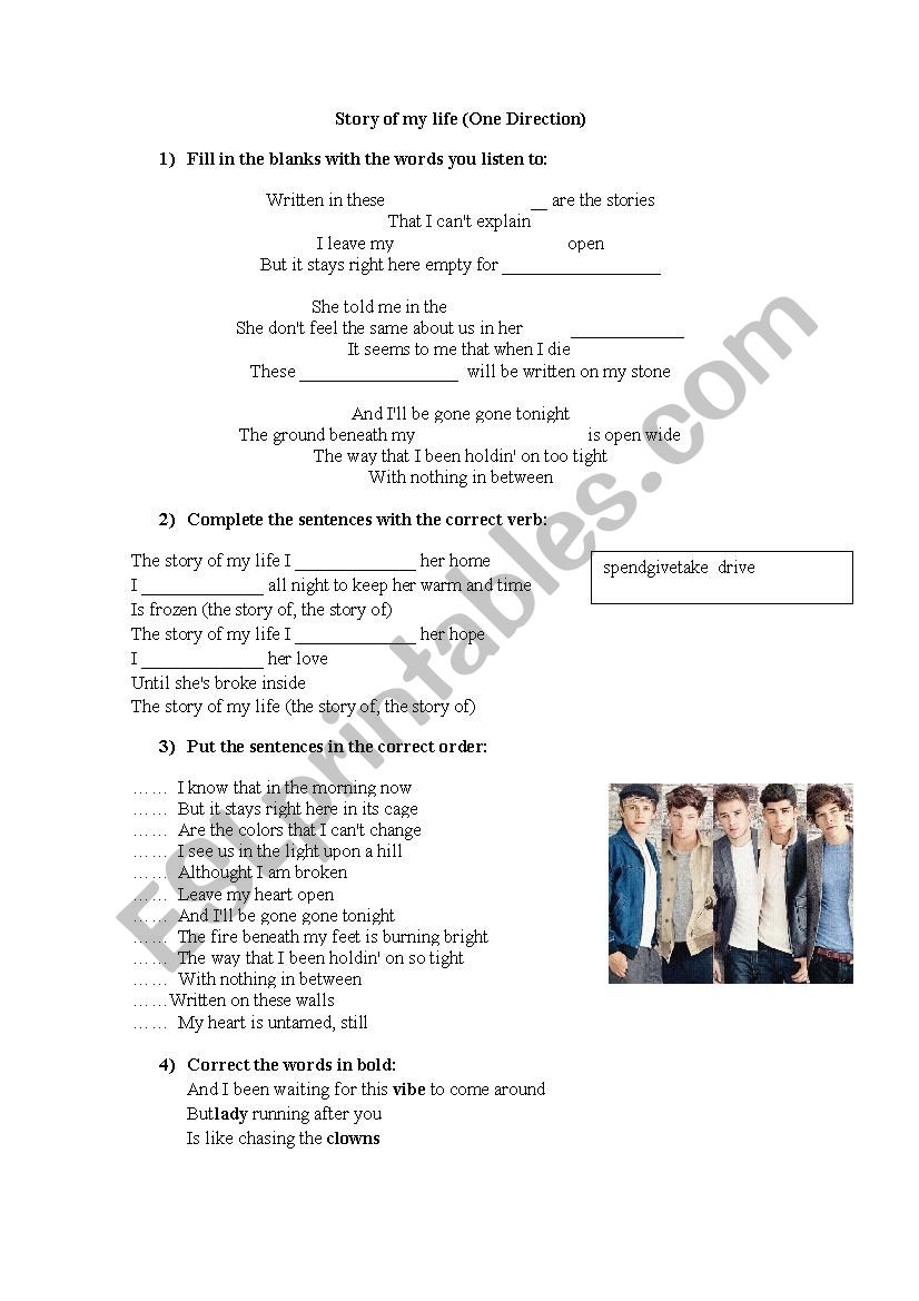 Story of my life song worksheet