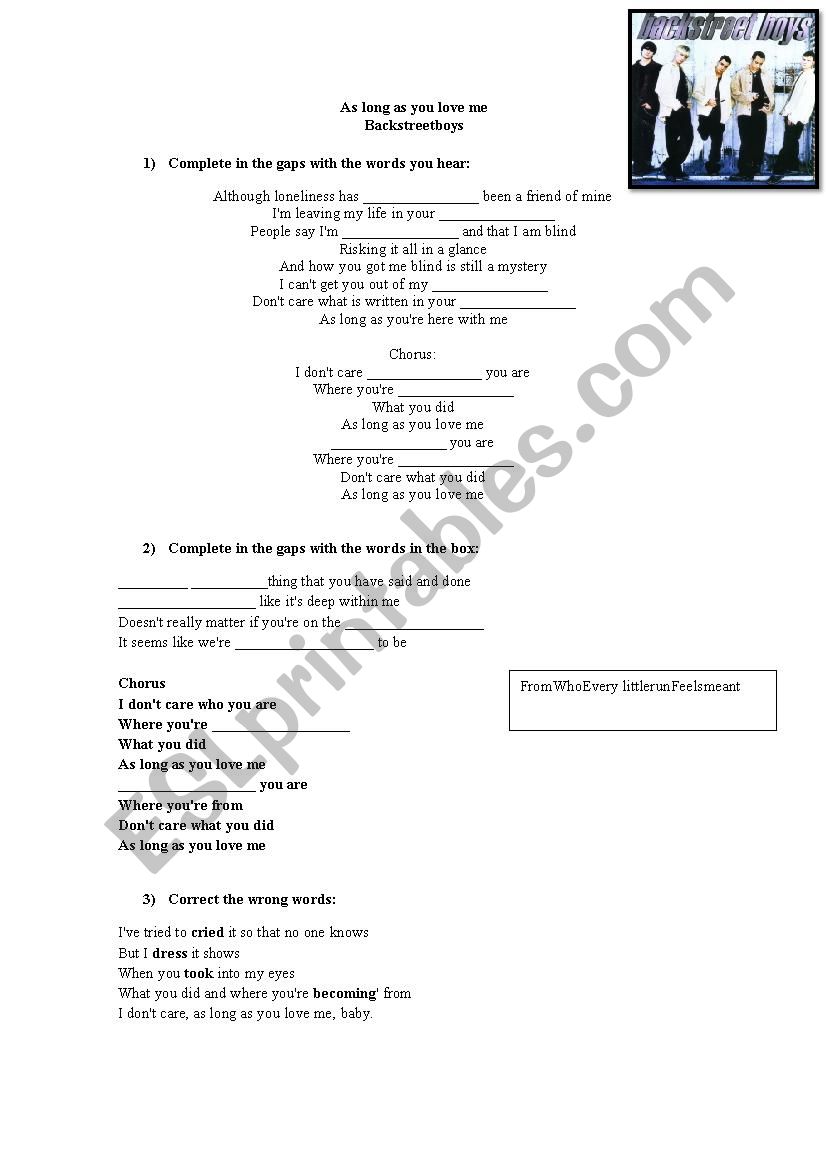 As long as you love me worksheet