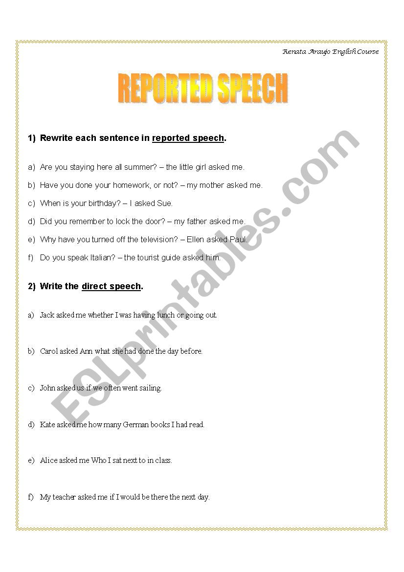 REPORTED SPEECH worksheet