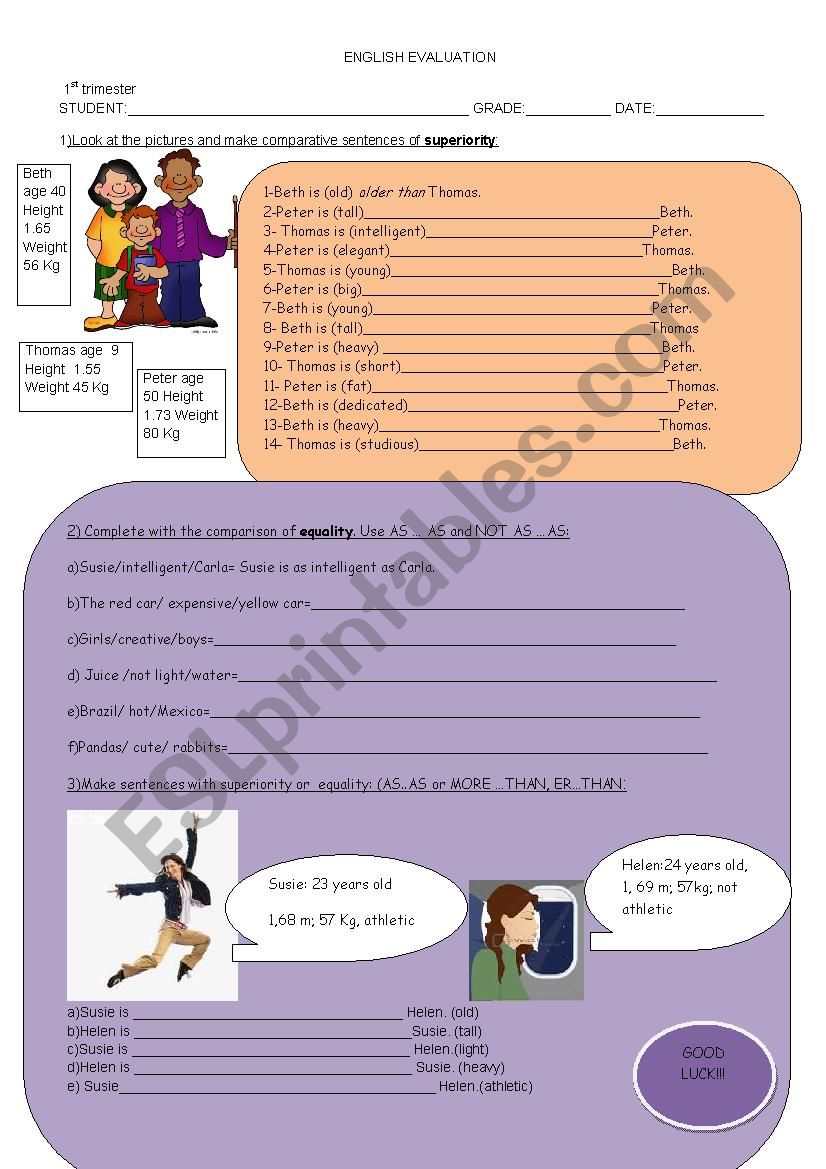 Test comparative worksheet