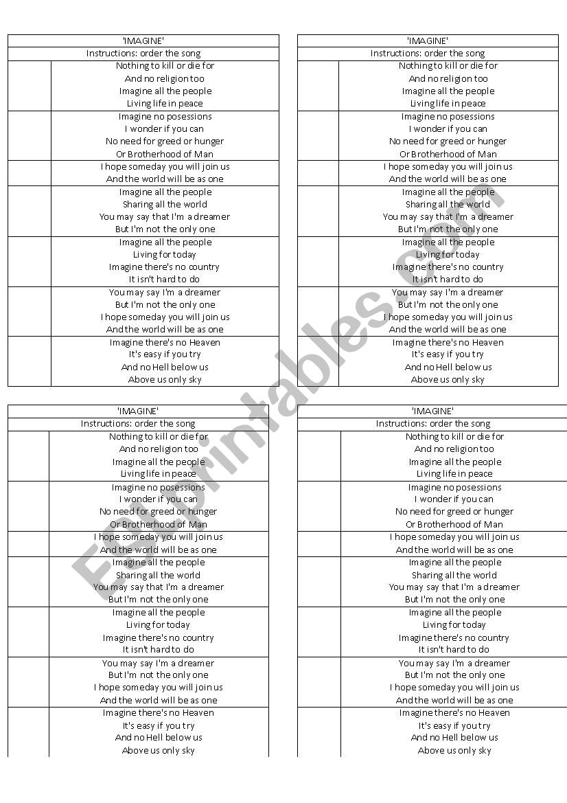 activity song imagine worksheet