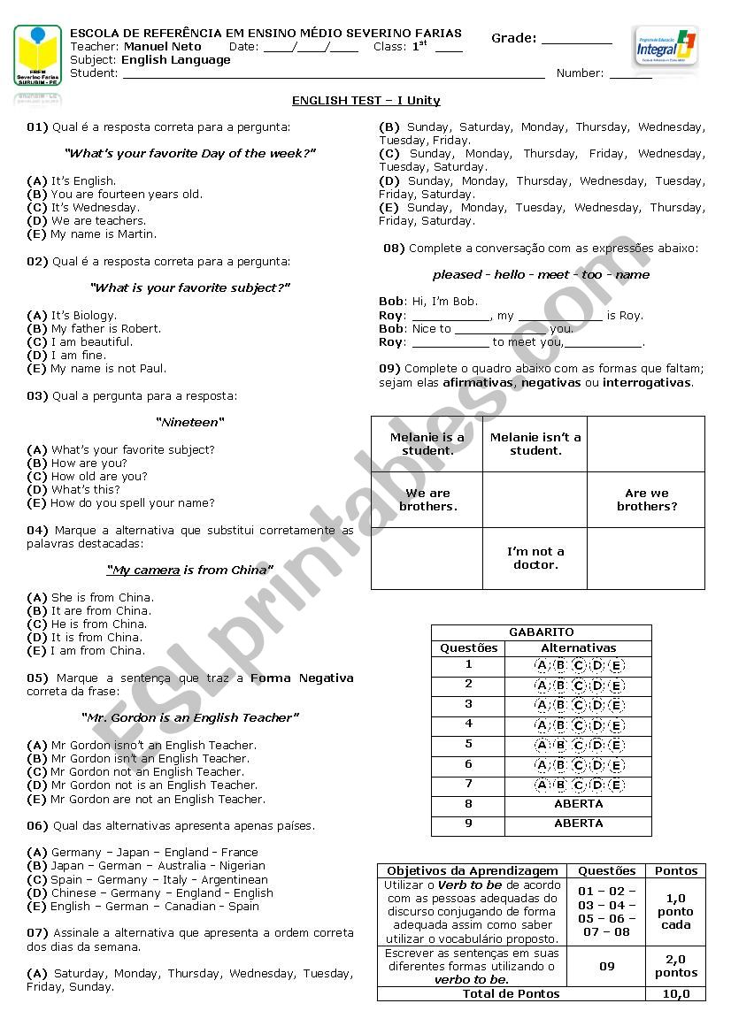 A Sample of a test worksheet