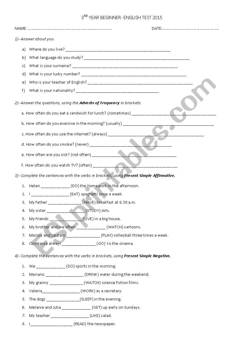 3rd year test - BEGINNER worksheet