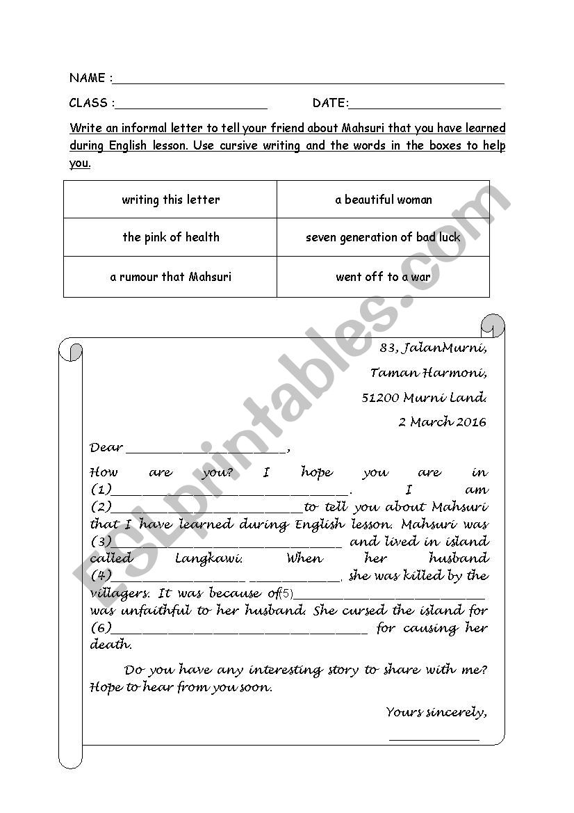 WRITING MAHSURI LEGEND - ESL worksheet by meow syafiqa