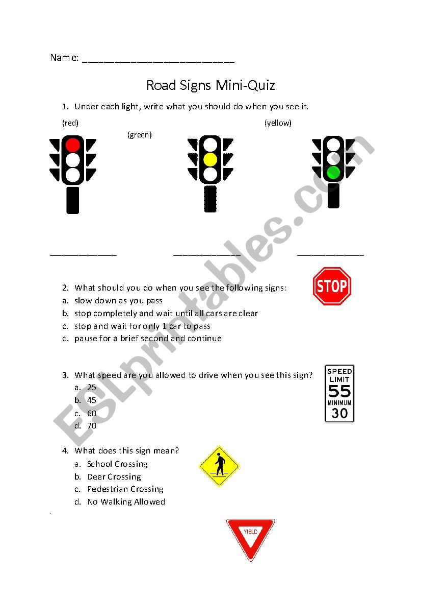 Road Signs Mini Quiz worksheet