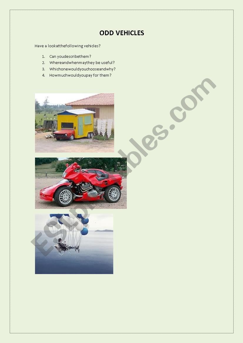 Odd vehicles worksheet